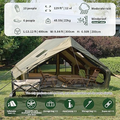 Miniatura 2 de Inflatable Cotton Canvas Tent, 12 Waterproof & Windproof Family Shelter for 410 Campers, All-Season Outdoor Tent with Skylight and Stove Jack