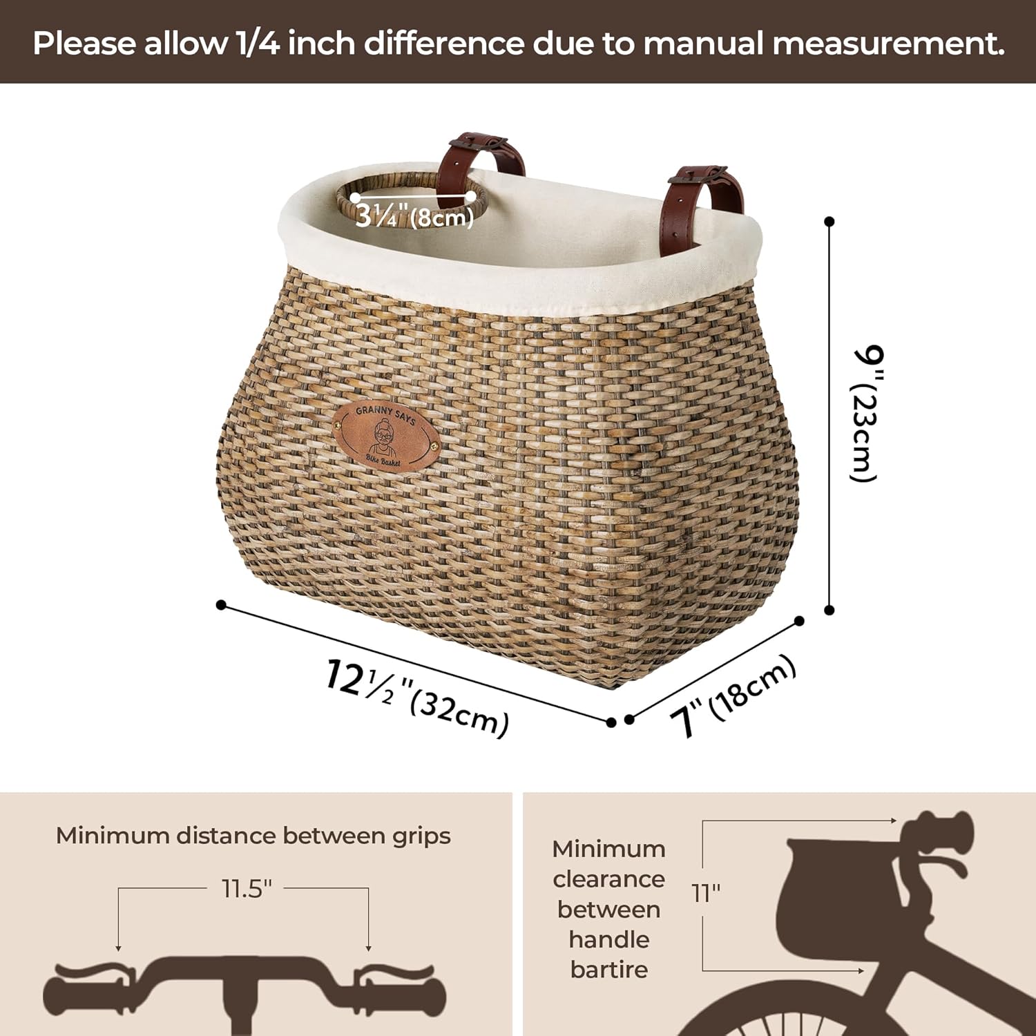 GRANNY SAYS Bike Basket Front with Cup Holder for Women and Men, Natural Rattan Wicker Bike Baskets for Adult Bikes, Basket for Bikes with Liner, Bicycle Baskets for Beach Cruiser
