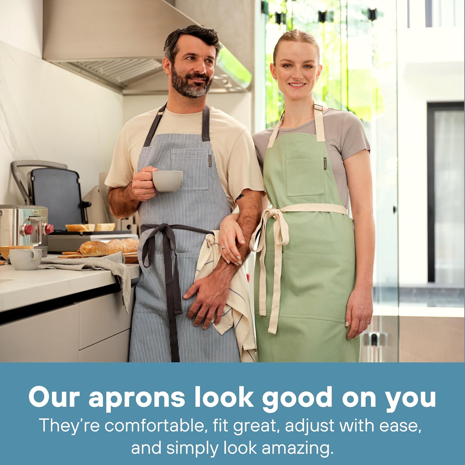 MEEMA Chef Apron with Pockets | Upcycled Women and Mens Cooking Apron | One Size Fits All | Adjustable Bib Apron Cotton | Aprons For Women With pockets - Blue