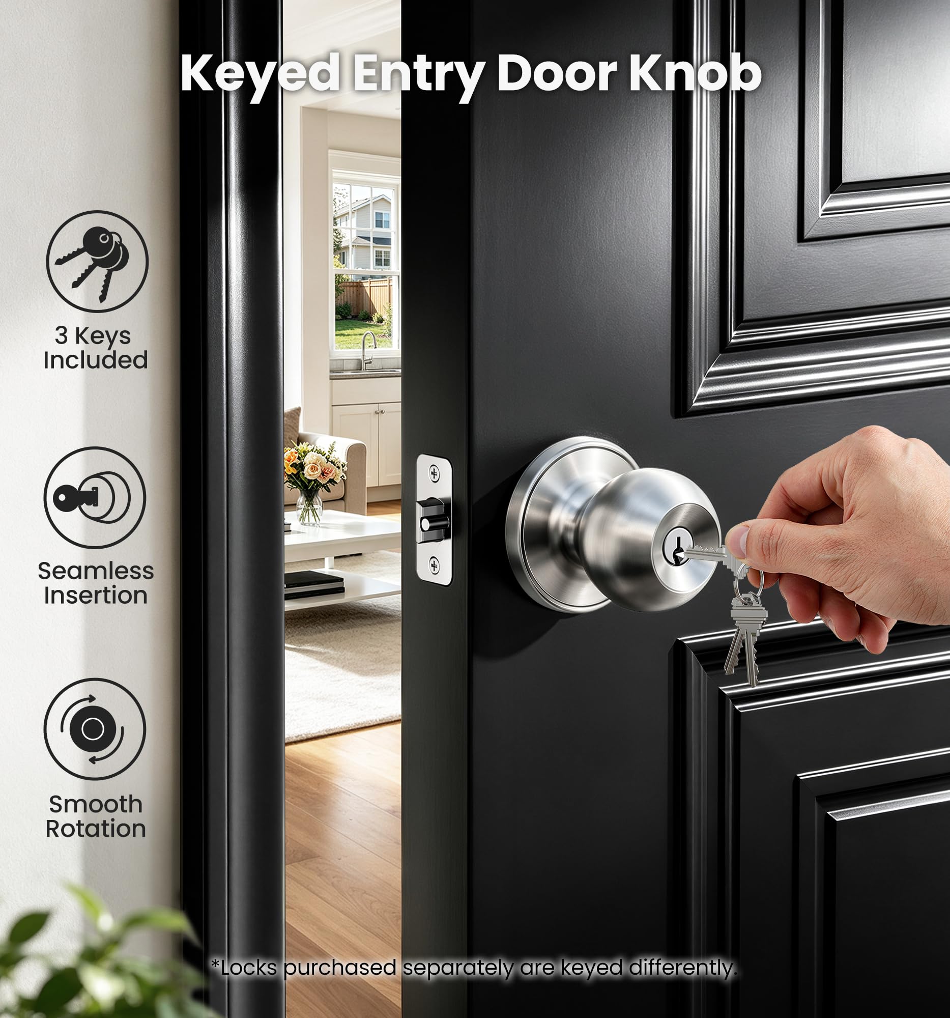 Veise 3-Pack Keyed Alike Entry Door Knobs - Satin Nickel -2