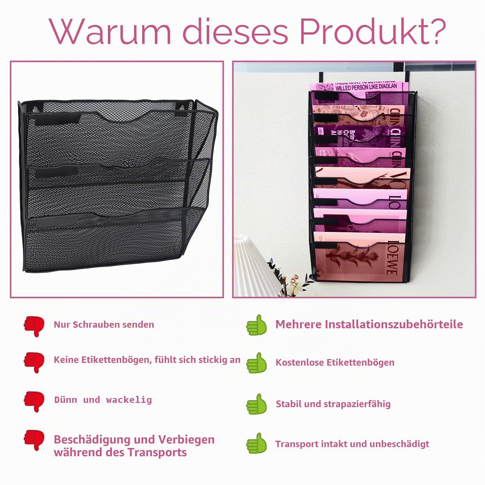 8-Fächer-Mesh-Wand-Aktenhalter Organizer Büro Hänge-Aktenordner Zeitschriften-Regal, Namensschild-Etikett-Haken-Set inklusive (Schwarz)