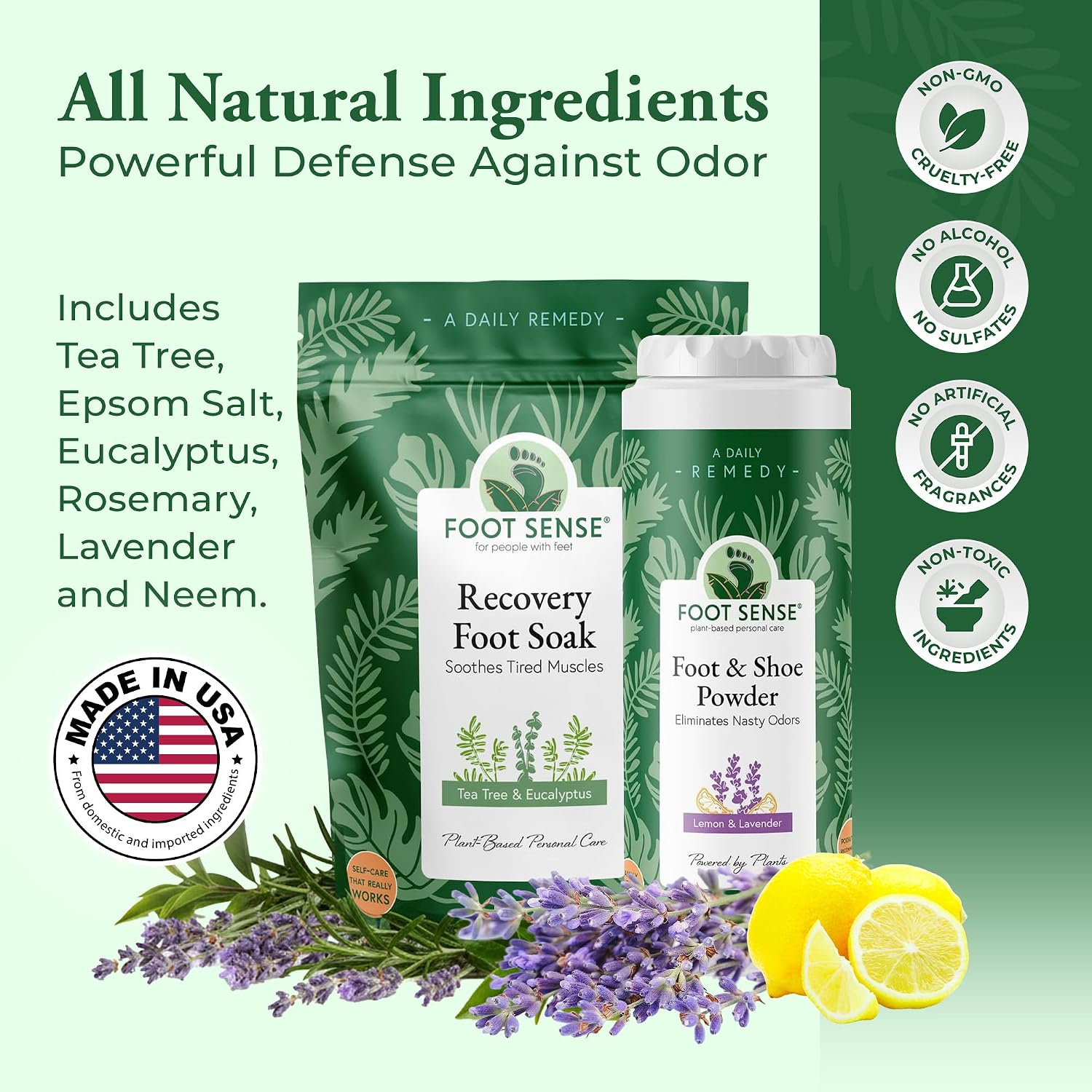 Foot Sense Odor Control Foot Powder for Sweaty Feet & Foot Soaking Magnesium Epsom Salt for Foot Bath Soak - Stinky Feet Odor Control Shoe Powder (2 Items)
