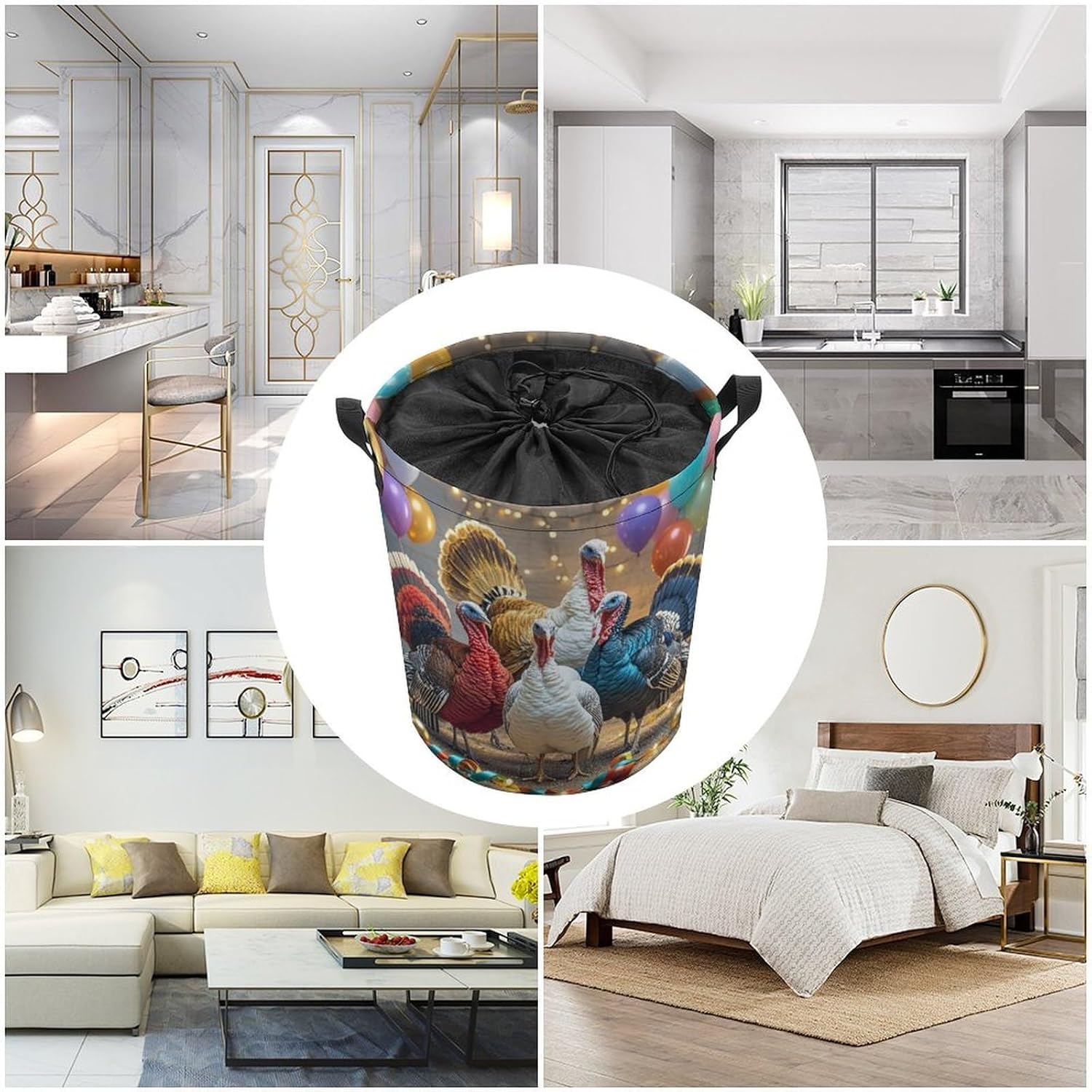 Turkey And Balloons Laundry Bag Large Collapsible Laundry Baskets Freestanding Waterproof Clothes Hamper with Handles & Drawstring for Laundry Room Bedroom Bathroom