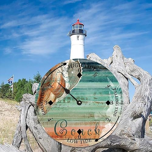 Miniatura 2 de Vintage Conch Tide Clock Ocean Time Nautical Wood Tidal Clock with High Tide Low Tide Non-Ticking Tide Clock 10in Wall Tide Movement Clock for Wall
