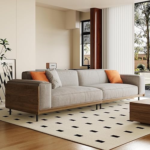 Pajiasen Modern Upholstered 4-Seater Sofa, 111.81" Mid-Century Modern Fabric Couch with Solid Wood Frame and Metal Legs, Deep Cushioned Seat and Track Arms for Living Room, Office, Gray