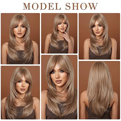 Miniatura 4 de HAIRCUBE Pelucas rubias para mujer, pelucas largas en capas con flequillo, pelucas de fibra sintética resistentes al calor (pelucas de cabello