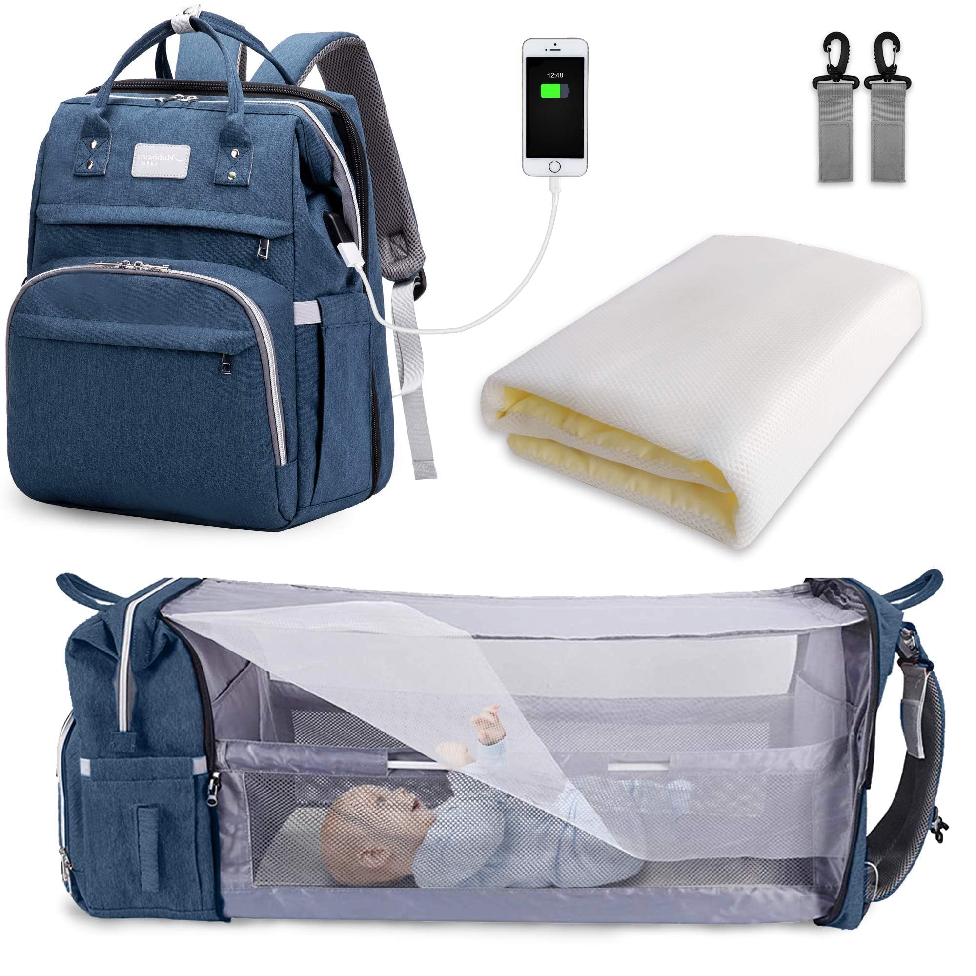 SNDMOR Zaino Multifunzionale per il Cambio del Pannolino, Zaino per il Cambio Unisex di Grande Capacità, Zaino Impermeabile per Borsa da Viaggio Portatile con Letto Pieghevole
