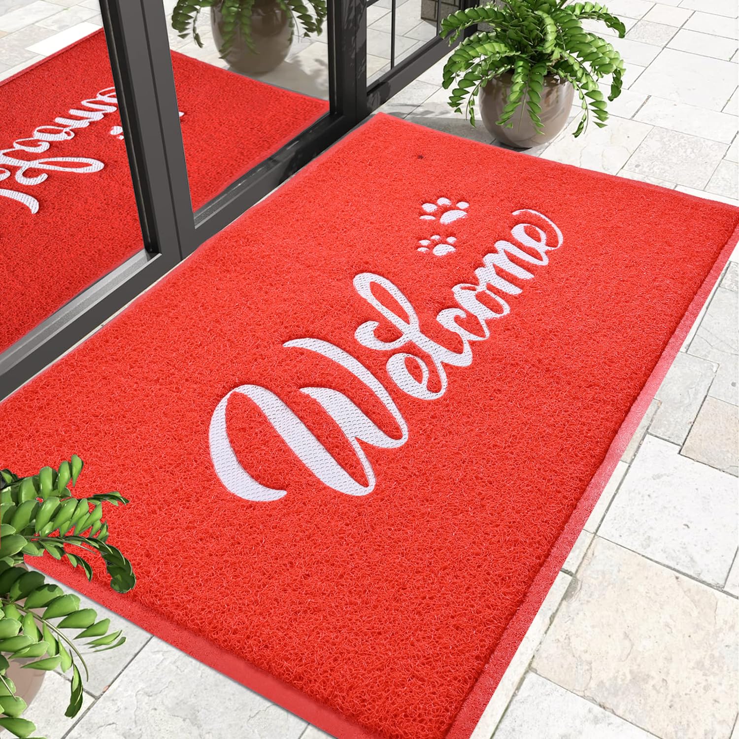 T.HENV Welcome Mat - Outdoor, 36x24 Waterproof All-Season Door Mat, All-Weather Quick Drying, Low Profile, Red-White