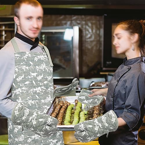 Miniatura 18 de Juego de 5 manoplas para horno y agarraderas con delantal de cocina, guantes de cocina resistentes al calor y agarraderas antideslizantes de
