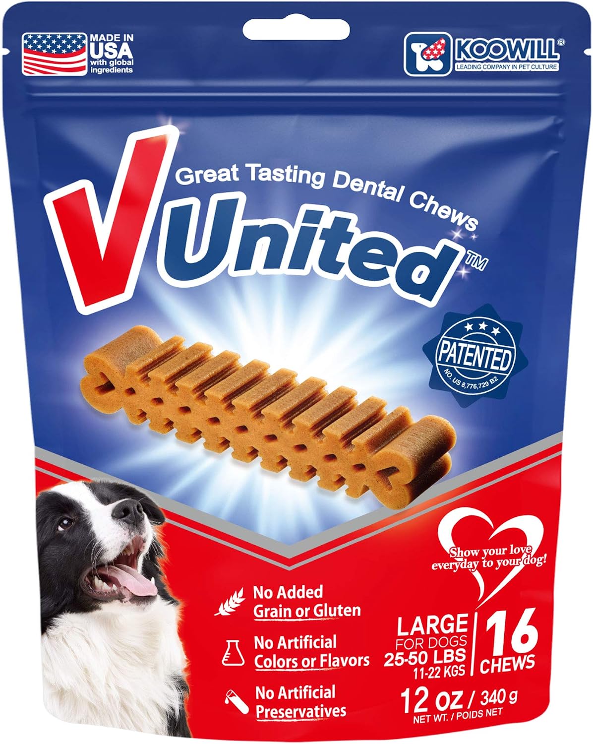 Koowill V United Patented Unique Design All Natural Dental Chew for Dogs (12 Ounce Pouch)
