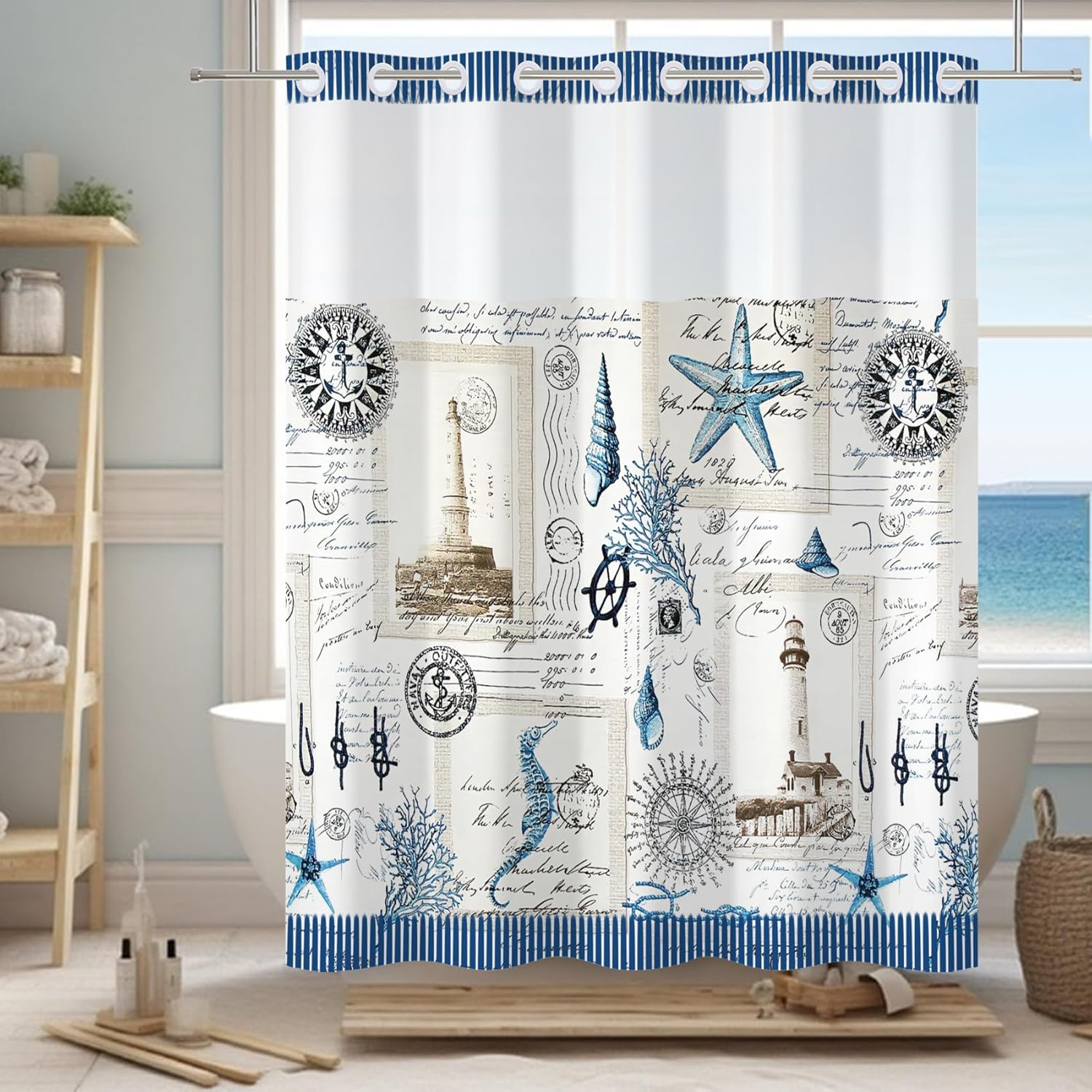 No Hook Shower Curtain,Nautical Double-Layered Shower Curtain with Snap-in Liner and Weights,Blue Vintage Ocean Sea Coastal Theme Fabric Bath Curtain with See Through Mesh, 71x74in