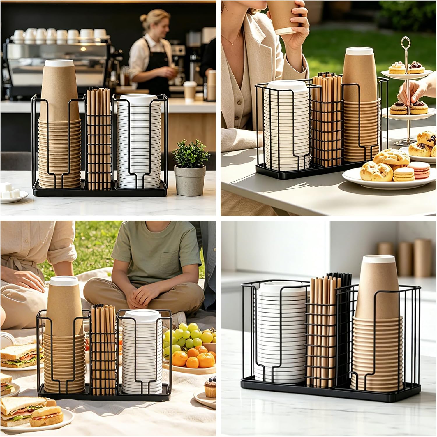 Coffee Cup and Lid Holder - Disposable Cup Holder, Metal Paper Cup Holder 3-Compartment Coffee Cup Dispenser for Countertop Coffee Station Bar Restaurant Office Breakroom Shop Kitchen