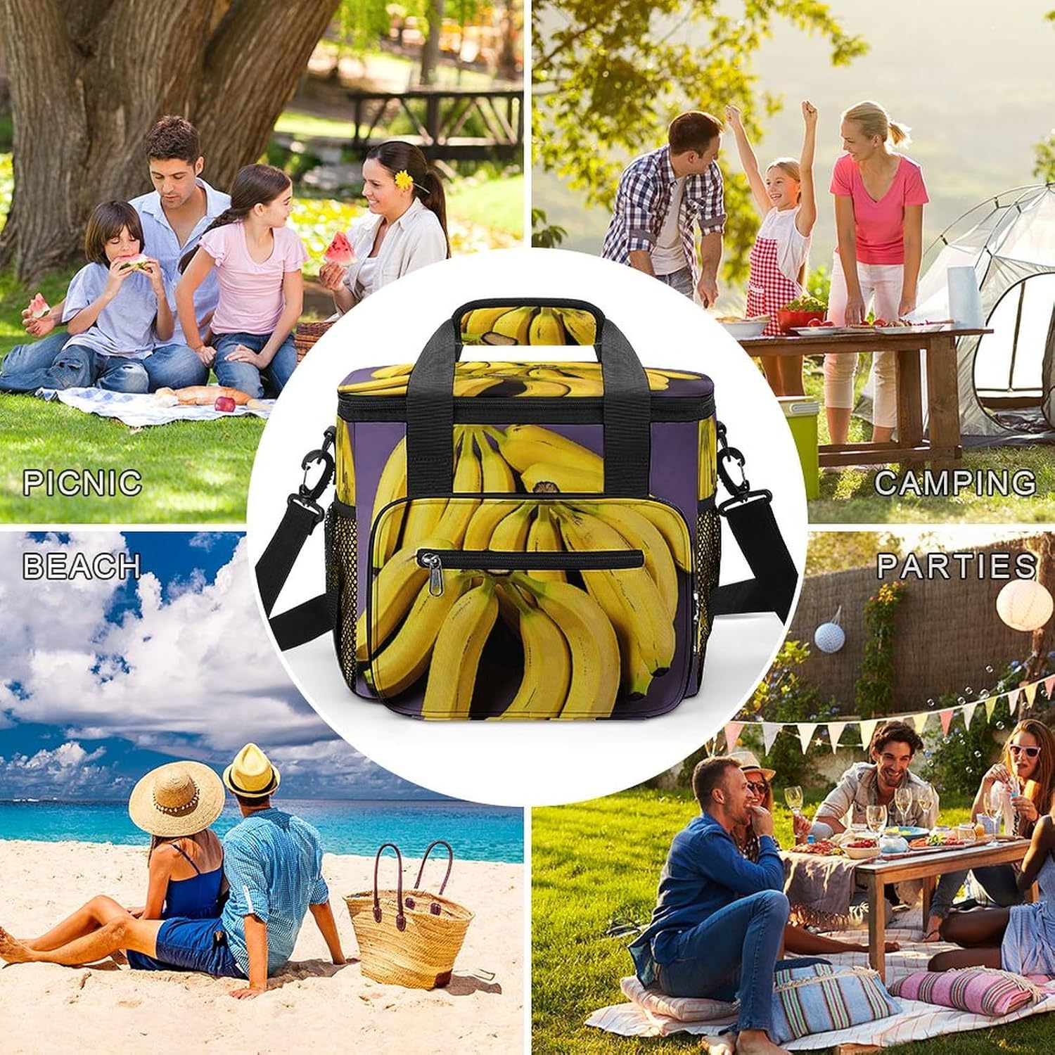 Camping Ice Pack, Unique Banana Fruit Print Cooler Bag, 22.5L Large Capacity Insulated Lunch Tote Bag for Outdoor, Picnic, BBQ, Travel, Work