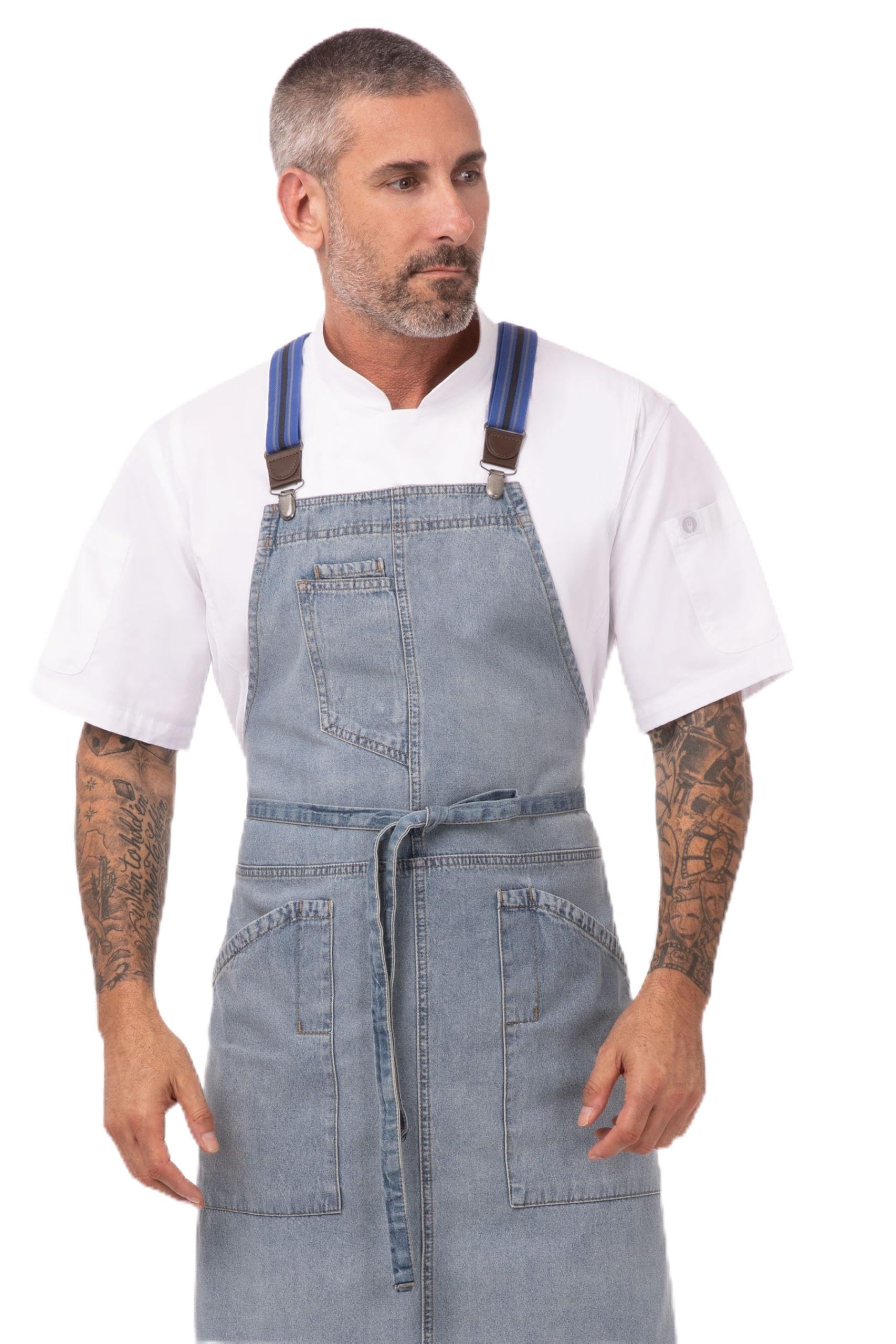 Chef Works Unisex's Berkeley Striped Bib Apron Suspenders, Blue/Brown, One Size
