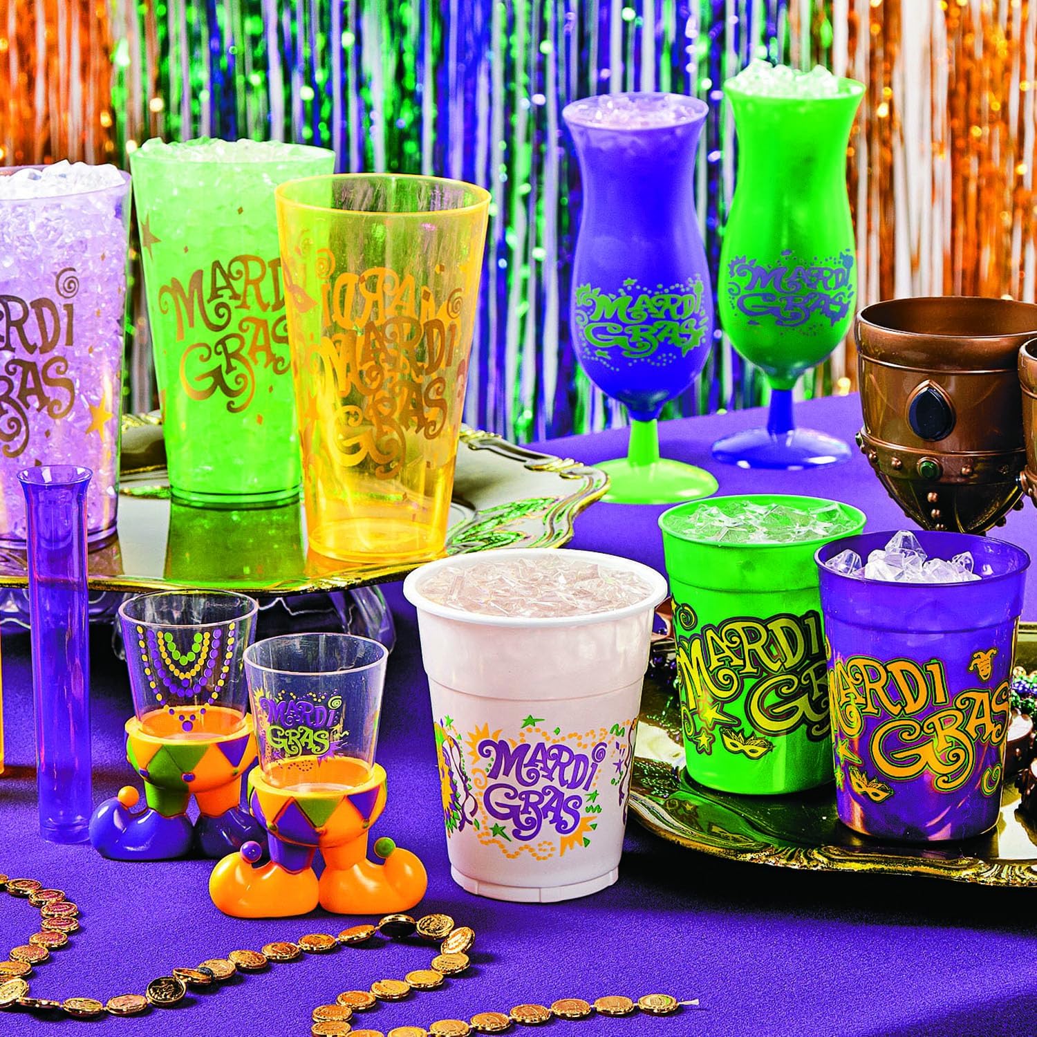 Fun Express Mardi Gras Cups Hurricane Glasses Plastic Bulk Set of 12 - Purple Green Party Supplies Drinkware | 16 oz Disposable Reusable Cocktail Glasses for Carnival Celebrations & Events