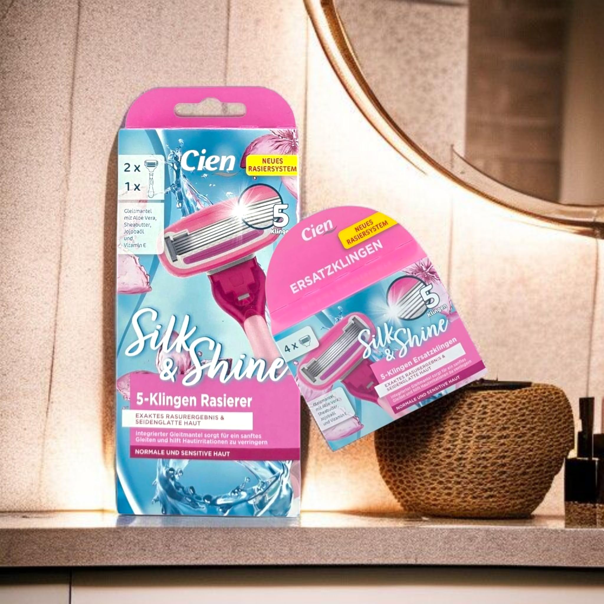 Cien Silk & Shine Damenrasierer Set,Komplettset mit 1 Griff & 6 Ersatzklingen (5-Klingen-System), mit Aloe Vera & Sheabutter für empfindliche Haut