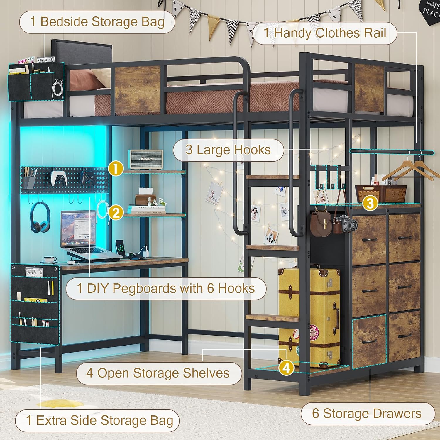 Overview of the loft bed's storage features including pegboard, shelves, drawers, and bags.
