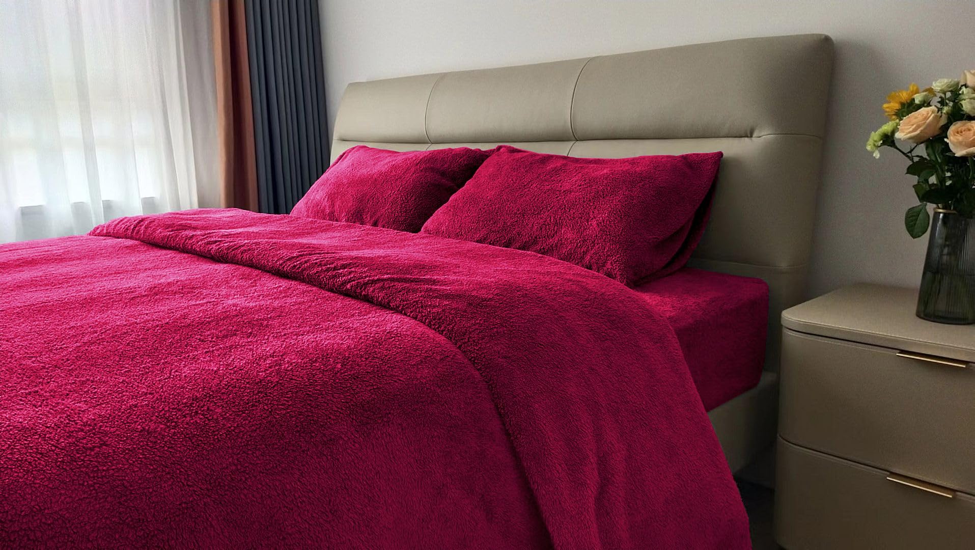 John Aird Teddy Fleece Duvet Cover Quilt Bedding Set With Pillow Case (Red, Single)