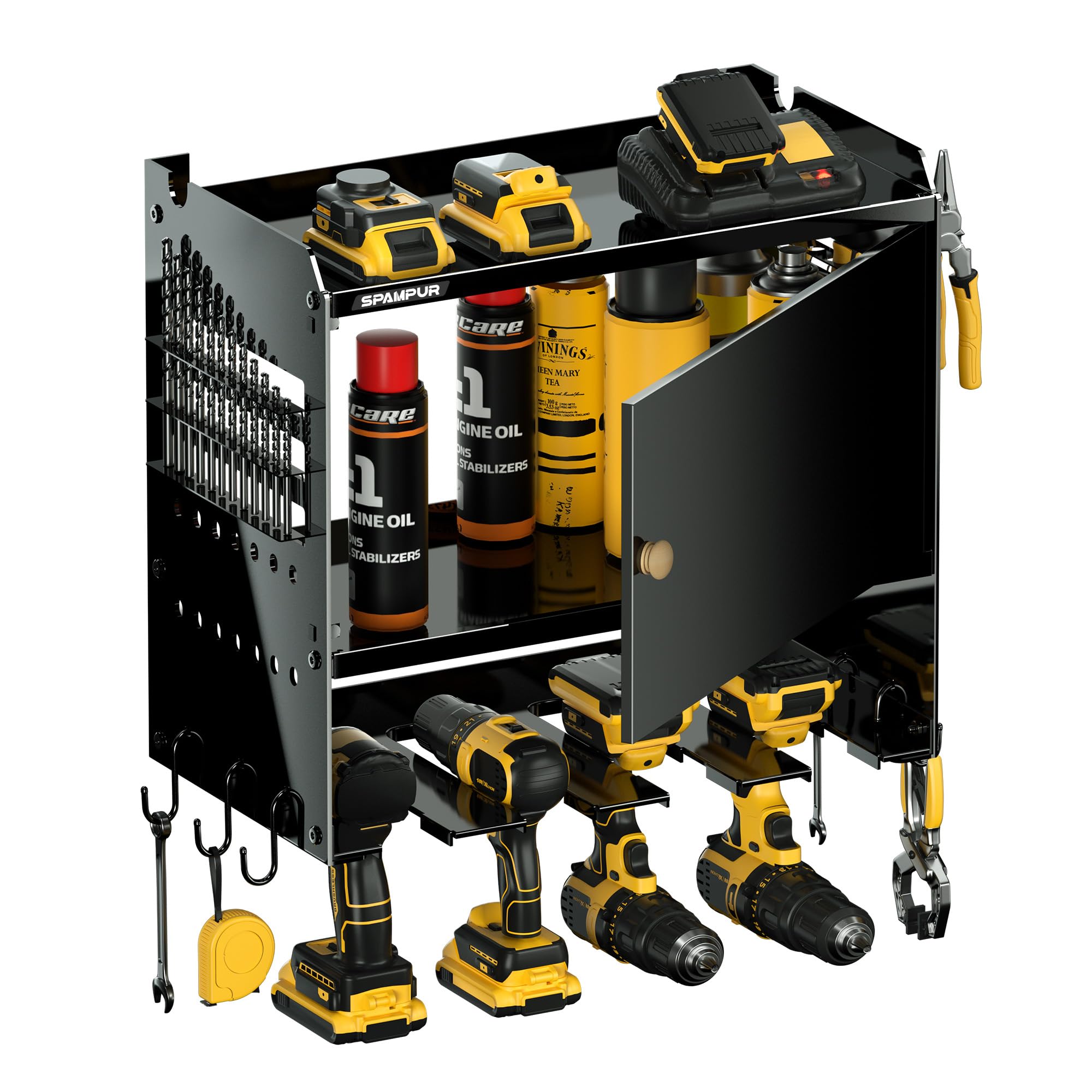 Spampur Power Tool Organizer Wall Mount Tool Cabinet, 4 Drill Slots, 100LBS Load Bearing Capacity Garage & Studio Storage,...