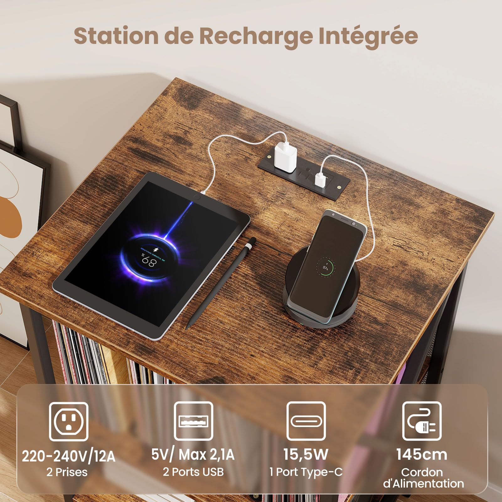 GOPLUS Meuble Platine Vinyle à 3 Niveaux avec Station de Charge, Roulettes Verrouillables, Cadre en Métal, Table d'Appoint pour 250 Vinyles pour Salon, Bureau, 52x45x75cm (Marron Rustique)
