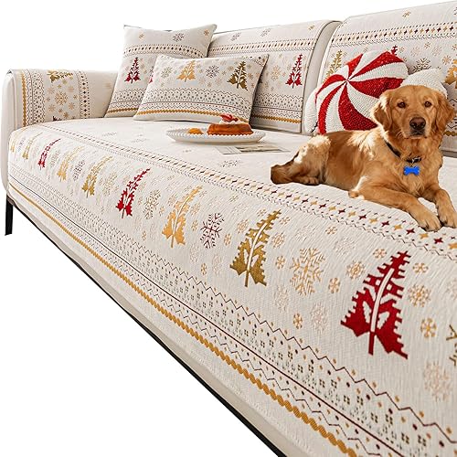 Couch Cover for Dogs Washable, Soft Plush Non-Slip Furniture Protector, Machine Washable Pet Hair Resistant Couch Cover, Fits Christmas（Excluding Pillows）(43.3in*82.7in, White)