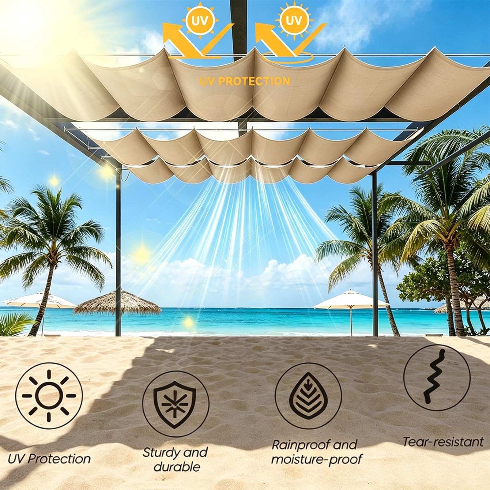 Toldo Retráctil 130 x 1150 cm Toldo de Onda a Medida, Impermeable, 98% Protección UV, Resistente Al Clima Vela Sombra Impermeable y Rectangular para Exterior Jardín, Caqui