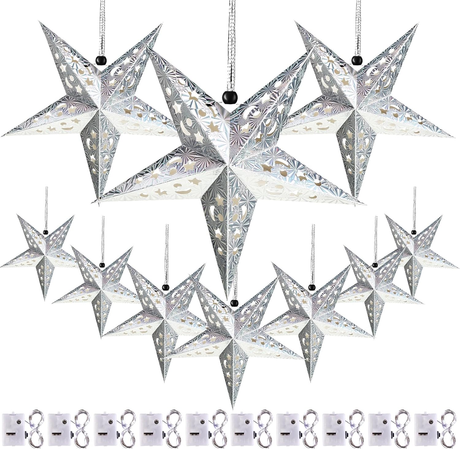 Zhanmai 10 Pcs Large 3D Gold Paper Star Lantern with 10 LED Lights 11.8 Inch 5 Point Hollow Hanging Paper Star Lampshade Decoration Light Lanterns for Wedding Birthday New Year Party Home Decor