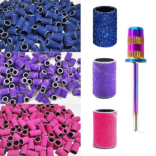 Brocas de lijado para uñas, 210 bandas de lijado gruesas para uñas, grano fino #80#150#240 con broca de mandril arco iris para taladro eléctrico de