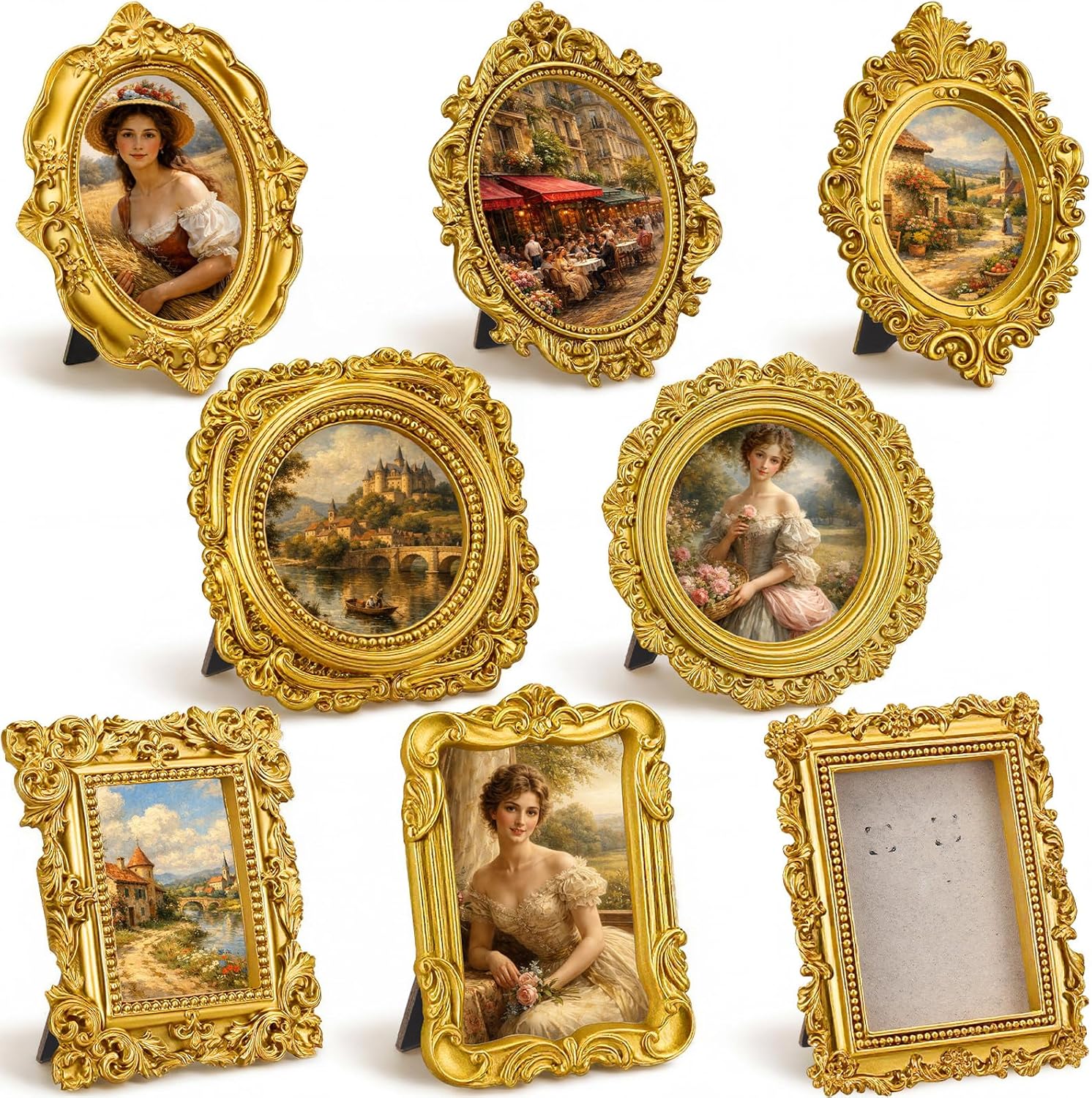 Qunclay 8 Pcs Vintage Picture Frames Set Gold Tiny Picture Frames Wallet Size Baroque Antique Resin Photo Decor for Valentines Day Wedding Party Tabletop Home Decor(Mixed Style 2)