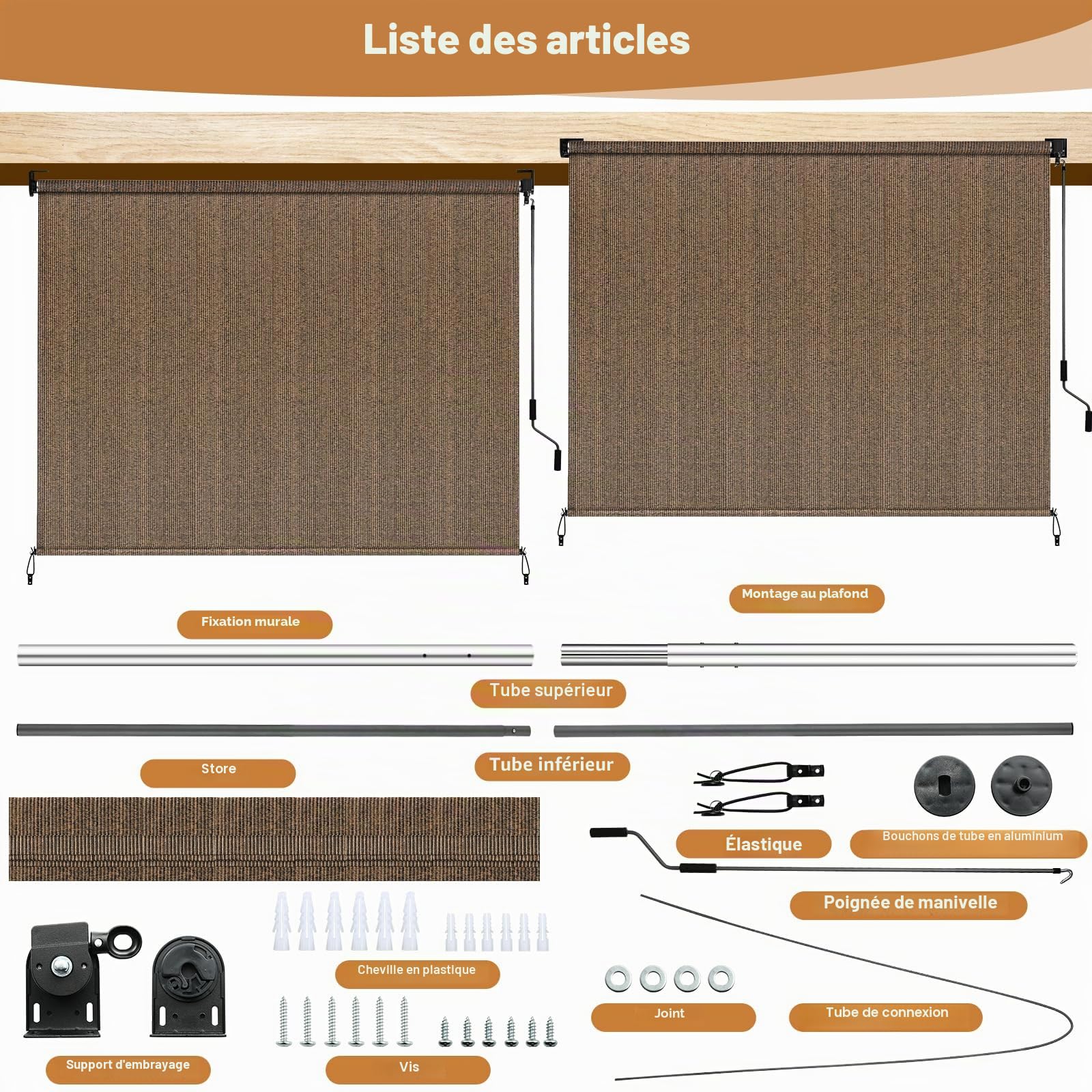 LIFERUN Auvent vertical 180x180 cm,Store Vertical,Toile d'ombrage HDPE pour pergola de terrasse,Auvent de balcon,Tube en aluminium avec commande à manivelle sans fil,pour balcon,Terrasse,Jardin, 1 PCS