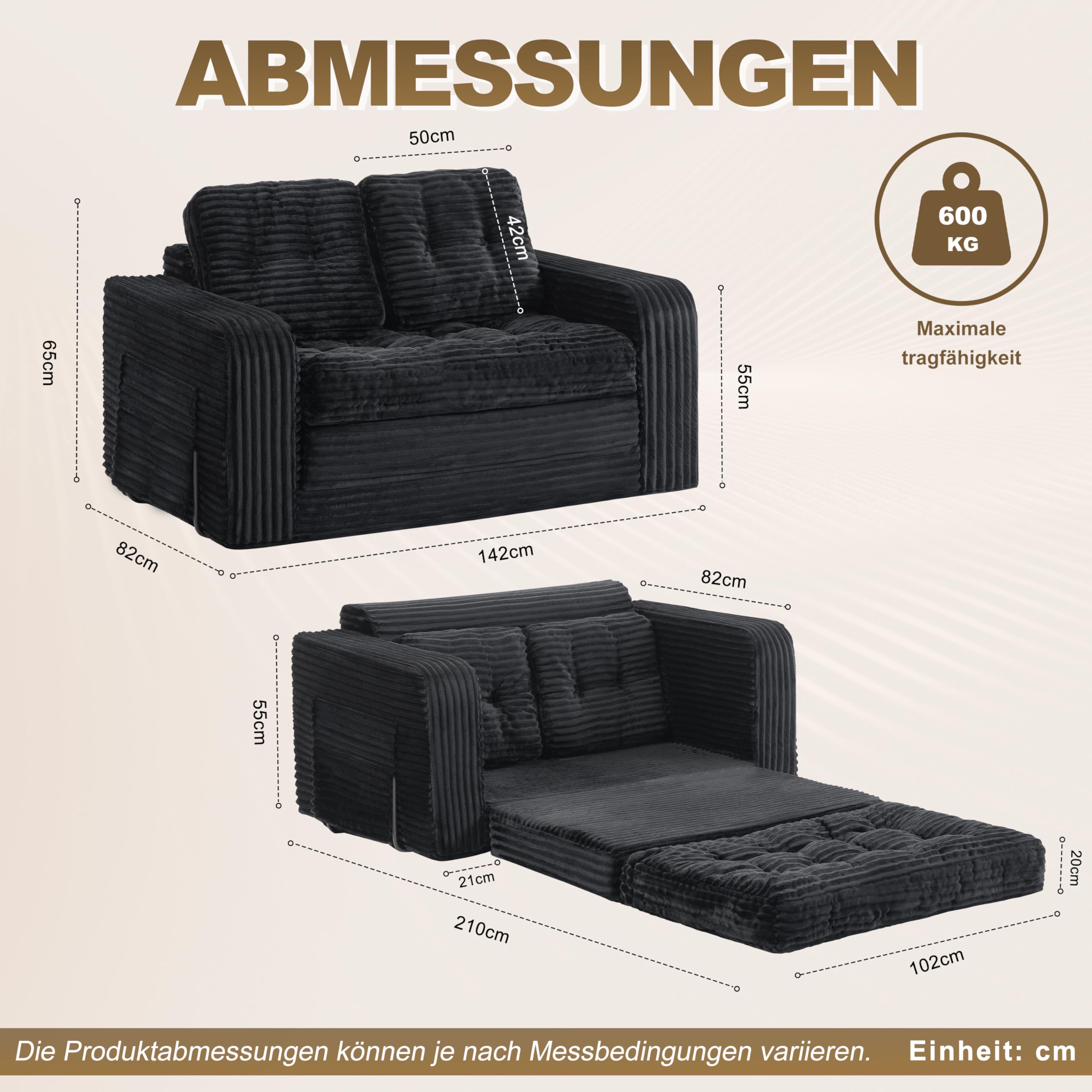 Faltbares Schlafsofa, Tragbarer Stuhl-Bett-Komfortable Bodensofa, Umwandelbarer Schlafsessel mit Kissen, Cord-Stoffbezug Sessel Schlafcouch, für Wohnzimmer und Schlafzimmer (2 Sitzer Sofa, Schwarz )