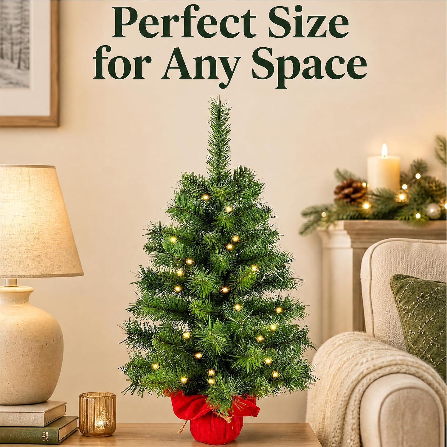2ft Pre-lit Artificial Mini Christmas Tree,Small Xmas Tree | 2ft Pre-Lit Tabletop Tree, Mini Cloth Bag Base with 50 lights, battery-operated & perfect for festive desk decor