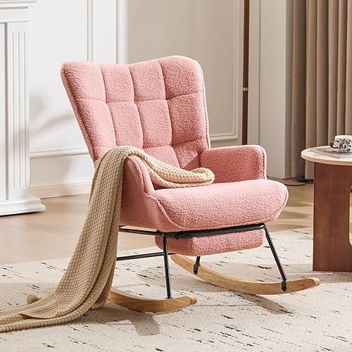 Miniatura 3 de Furniliving Mecedora para cuarto de bebé, moderna silla mecedora tapizada, mecedora con reposapiés retráctil, silla de lectura con respaldo alto,