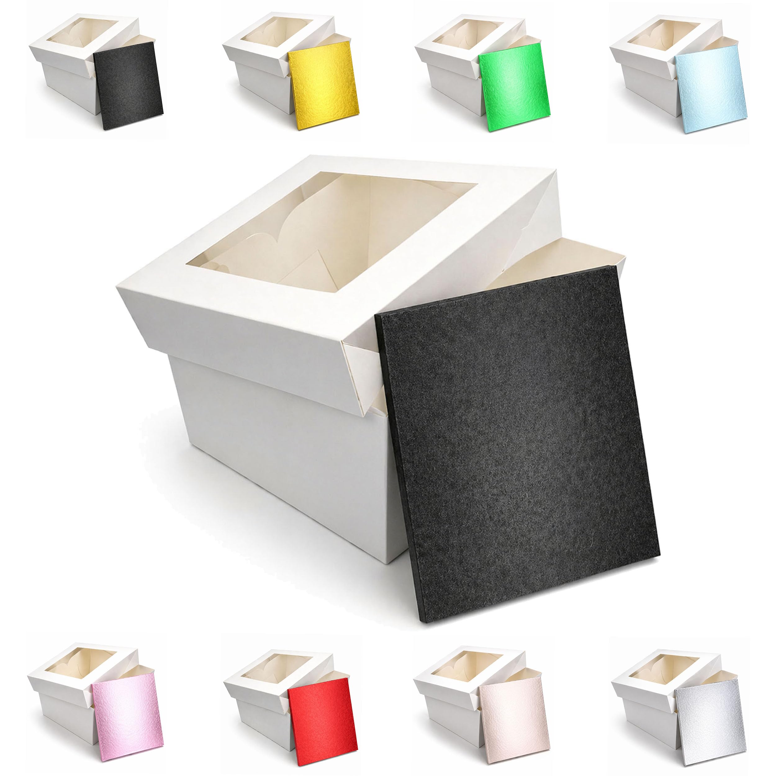 LARRYROO Square Colour Cake Drum Board & White Box with Clear Display Window + Lid Combo Pack for Wedding, Birthday Cakes (Black, 16 Inch)