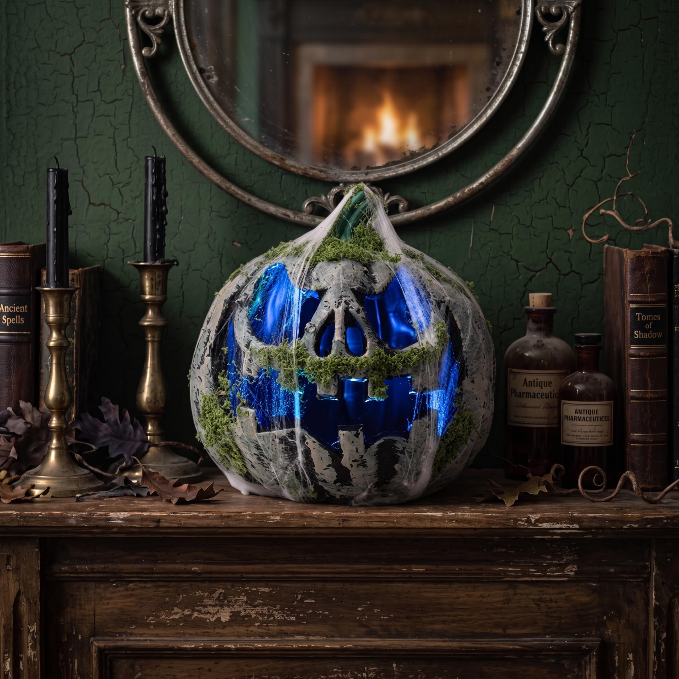Decorazioni per il portico di Halloween con zucche illuminate, muschio e ragnatela Jackolantern