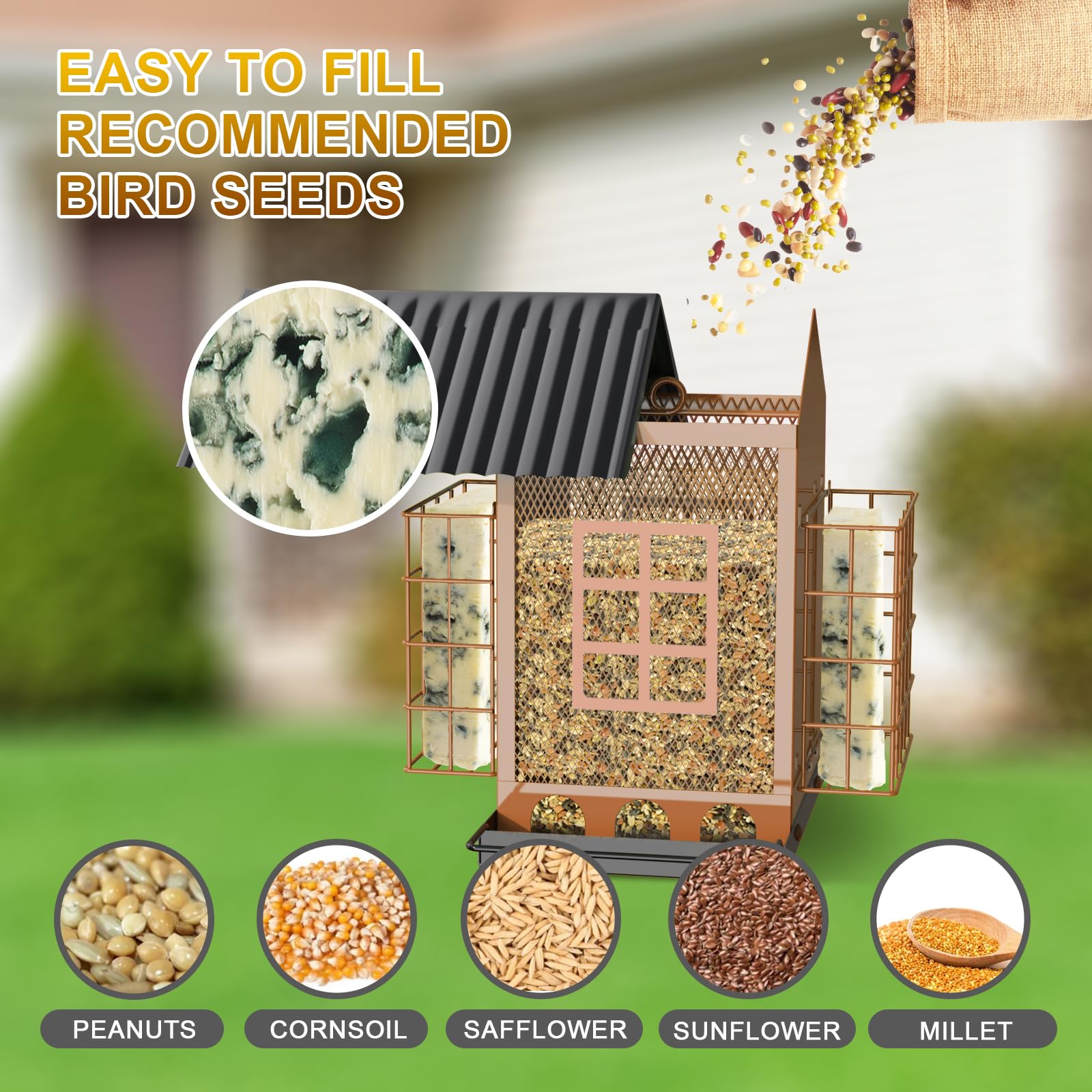 FlowaFoli Comederos para pájaros para Colgar al Aire Libre, comedero de Metal para pájaros con Doble Jaula de sebo, Gran Capacidad, comederos para pájaros Resistentes y Resistentes a la Intemperie