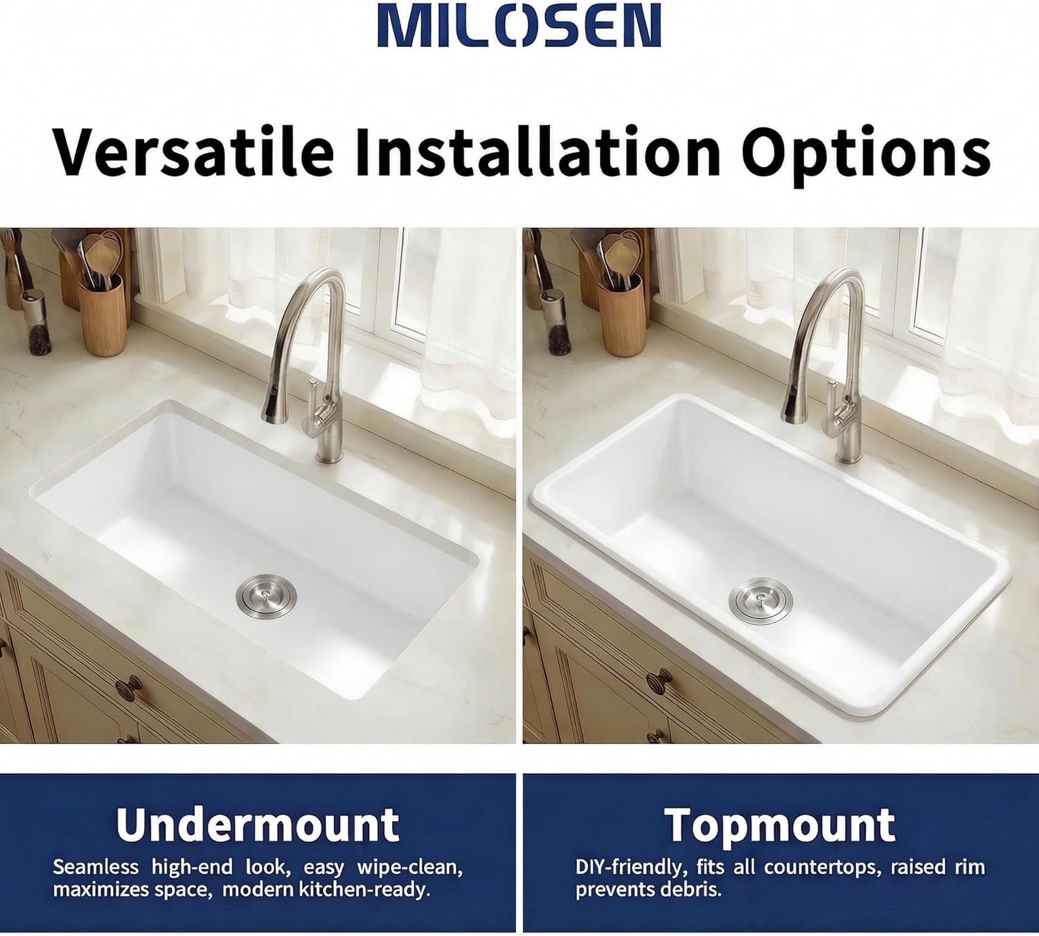 MILOSEN White Undermount Kitchen Sink, 28×18 inch White Granite Composite Kitchen Sinks, 9'' Depth Deep and Large Quartz Sink with Accessories, Pure White Single Bowl Large Capacity Basin for Kitchen