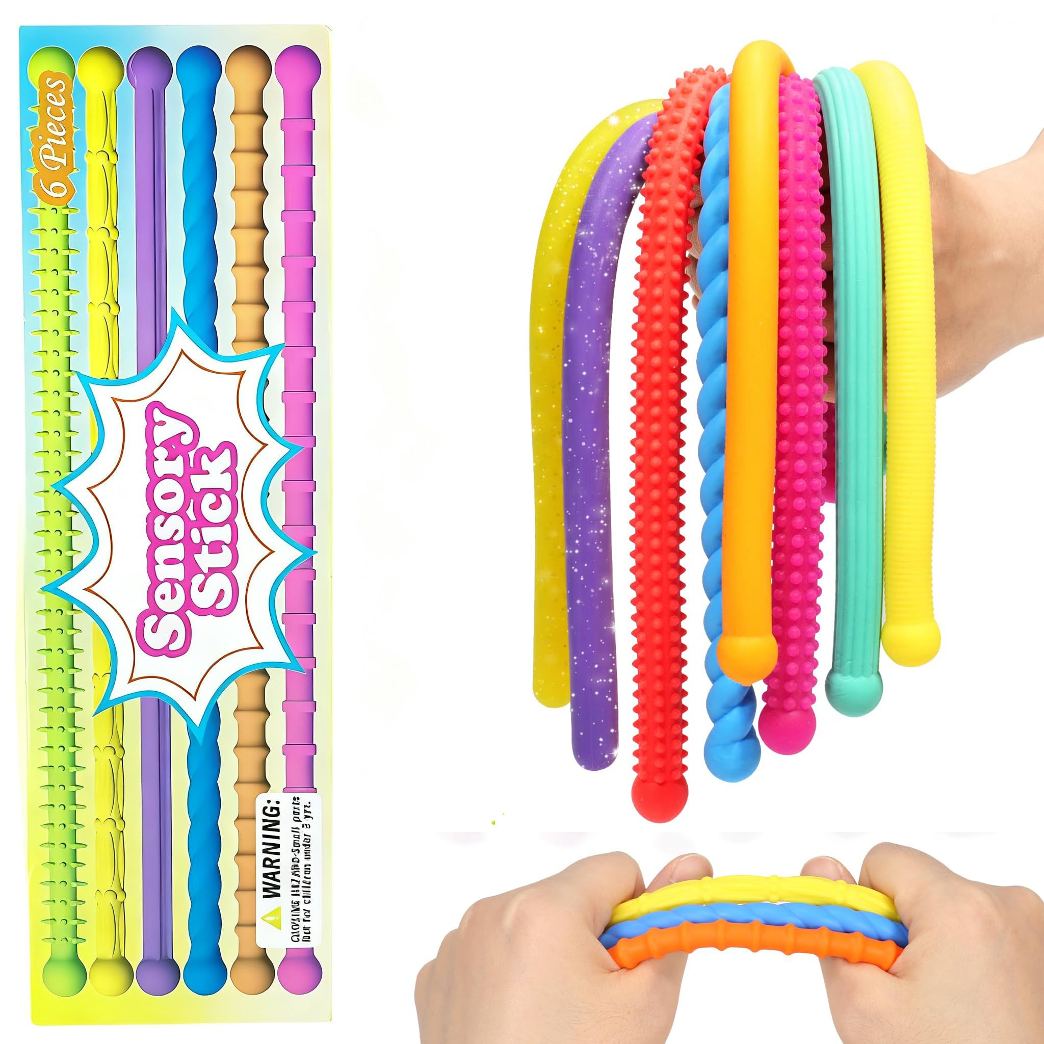 Bambebe 6 Pack Fidget Toys Sensory Stick: Textured Calming Sensory Toys for Autism Kids Anxiety Relief Fidgets for Classroom Student Travel Activities Essential Fidget Toy(Soft without metal)