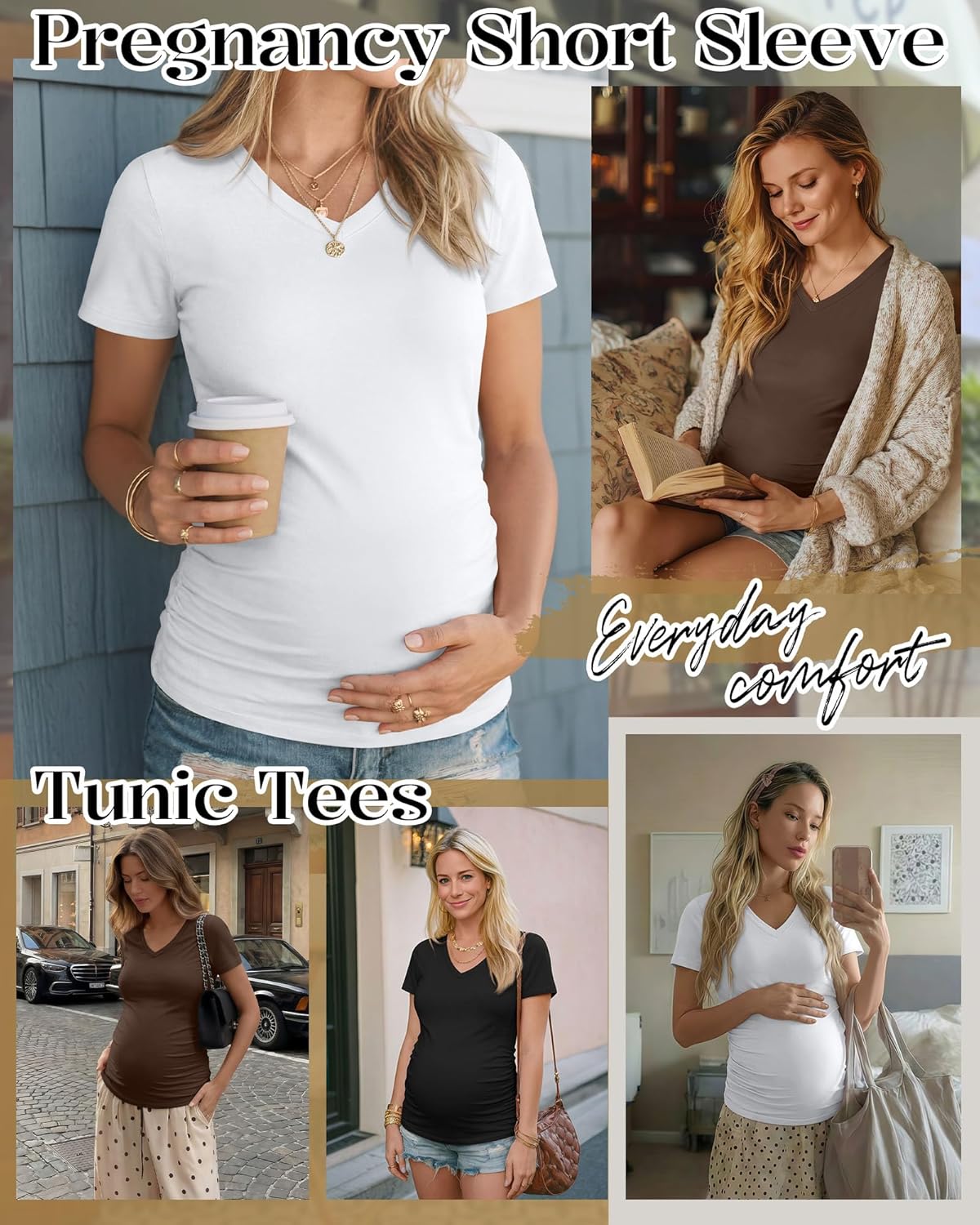 Ficerd 3 Pack Maternity Shirts for Women Cotton Blend Maternity Tops V Neck Side Ruched Pregnancy Short Sleeve Tunic Tees - Image 3