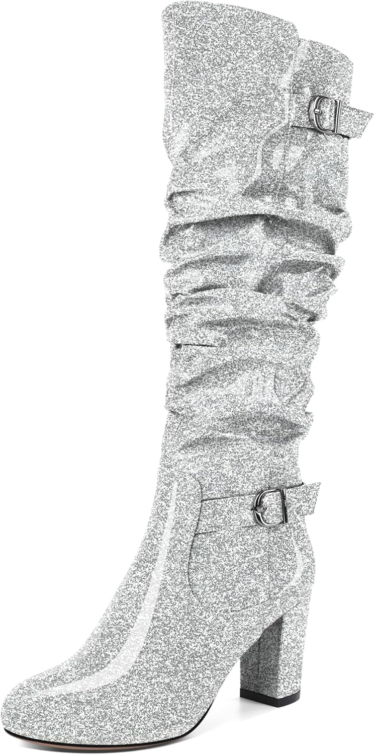 SAMMITOP Slouchy High Heel Boots for Women Knee High Chunky Heel Boots Round Toe Slouch Metal Buckle Side Zipper Tall Boots Patent Leather 3.5 Inches