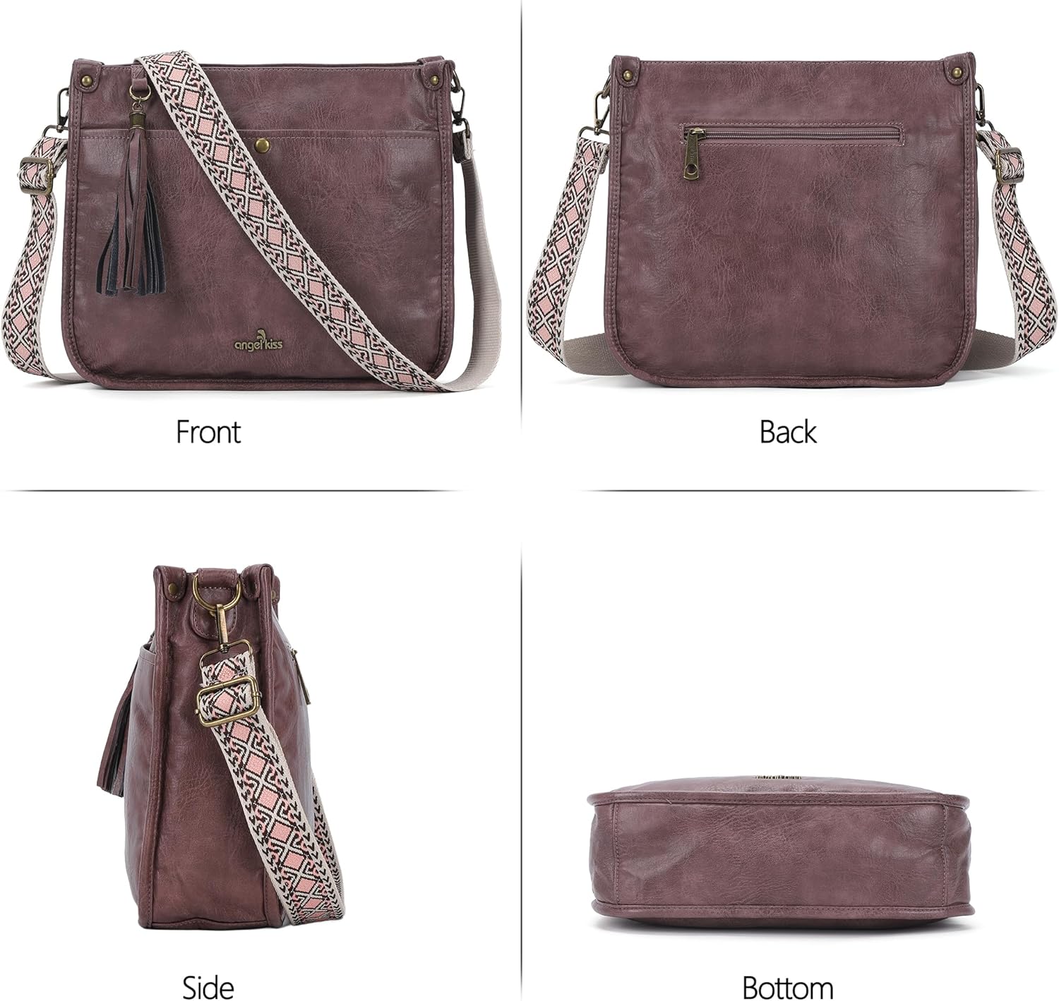 Angel Kiss Crossbody Bags for Women Trendy Vegan Leather Hobo Purses Shoulder Handbags Ladies Tassel Bag with Guitar Strap