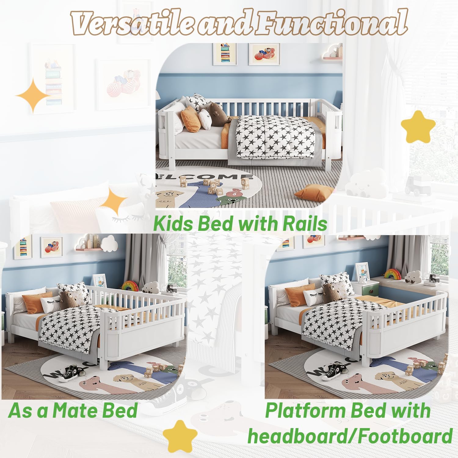Composite image demonstrating the bed's versatility as a mate bed or a platform bed with headboard and footboard.