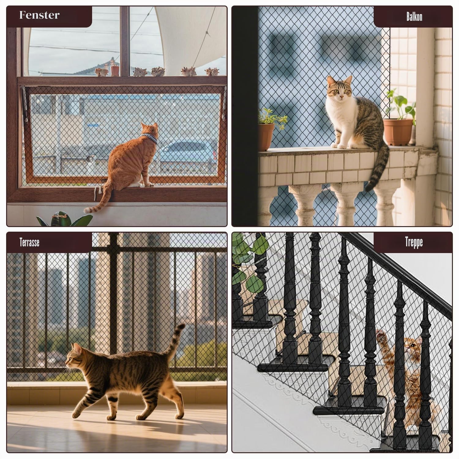 Katzennetz für Balkon, 3x4m Nylon Balkonnetz für Katzen Katzenschutznetz mit Befestigungsseil Nägel Kabelbinder für Fenster, Terrasse, Balkon (Schwarz)