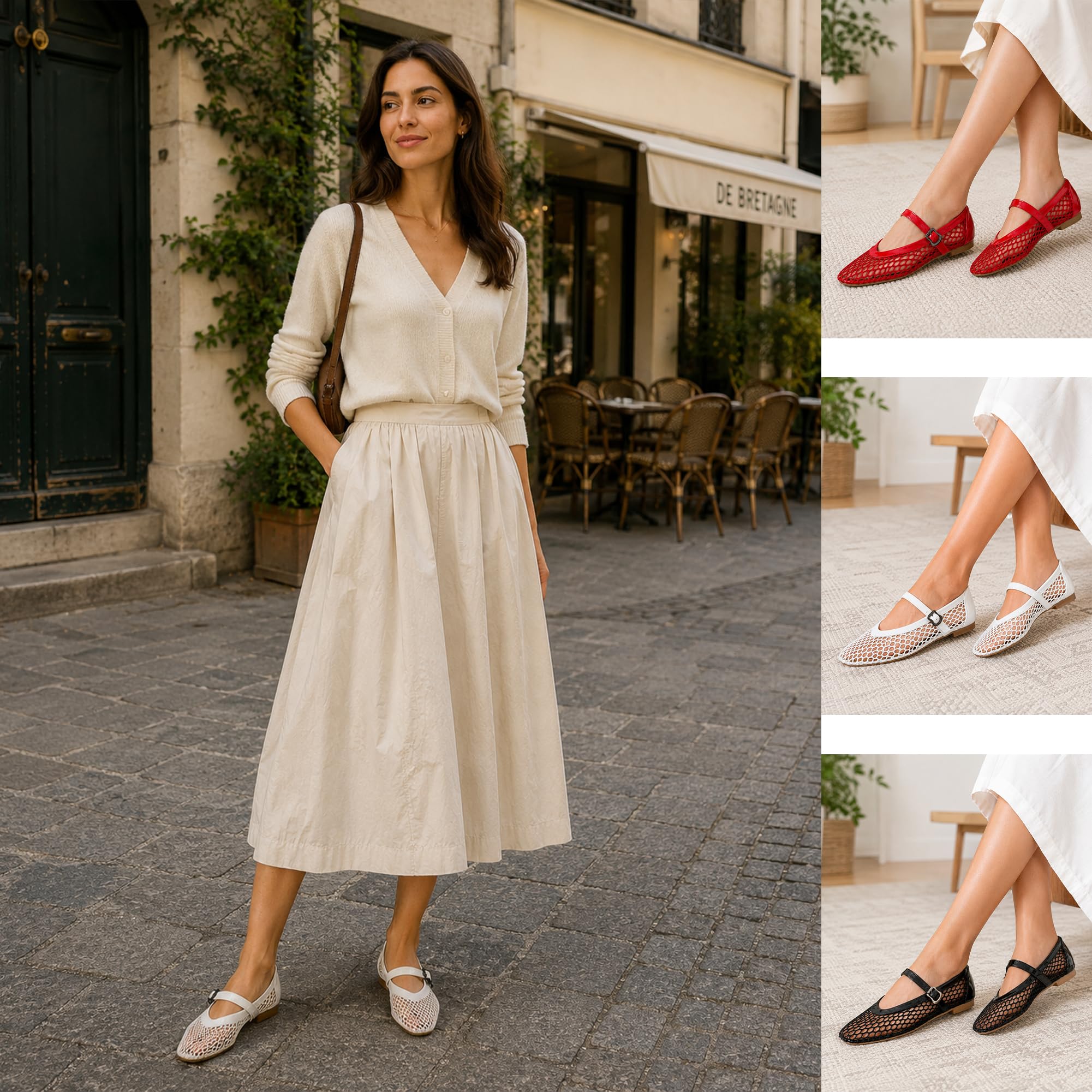 Damskie baleriny letnie Mary Jane Mesh Eleganckie płaskie buty z paskiem i klamrą zamknięte palce mercedity oddychające do biura na imprezę i na co dzień