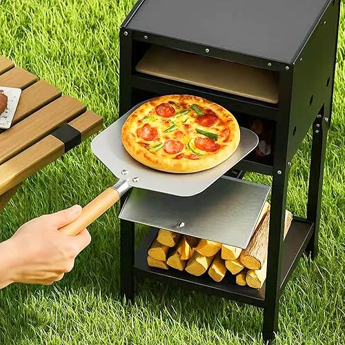 Miniatura 9 de Happygrill Horno de pizza de 12 pulgadas para exteriores, estufa de pizza de leña con bandeja de cenizas y almacenamiento de madera, piedra para