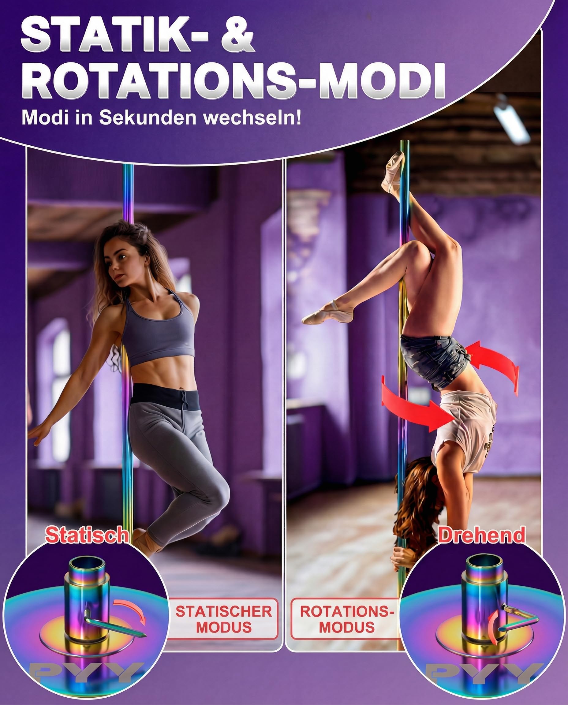 WantJoin Pole Dance Stange 45mm, Tanzstange Höhenverstellbar 224-275 cm, Statisch & Spinning, Verchromter Stahl,Poledance Set für Zuhause, Fitnessstudio, Indoor, Club und Party, Ohne Bohren