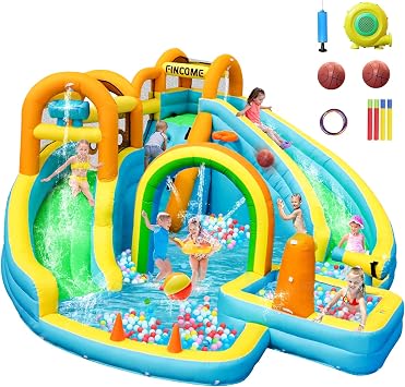 FINCOME Inflatable Water Slide, Bounce House with Water Slides for Kids Backyard, Blow Up Water Park Bouncy House with 2 Waterslide, Splash Pool & Water Cannon for Backyard, Outdoor, Indoor