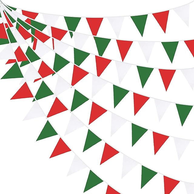 32Ft Green Red White Fabric Bunting Banner Party Decorations Triangle Flag Pennant Garland Streamer for Christmas Day X-mas Happy New Years Birthday Wedding Festivals Holiday Home Garden Hanging Decor