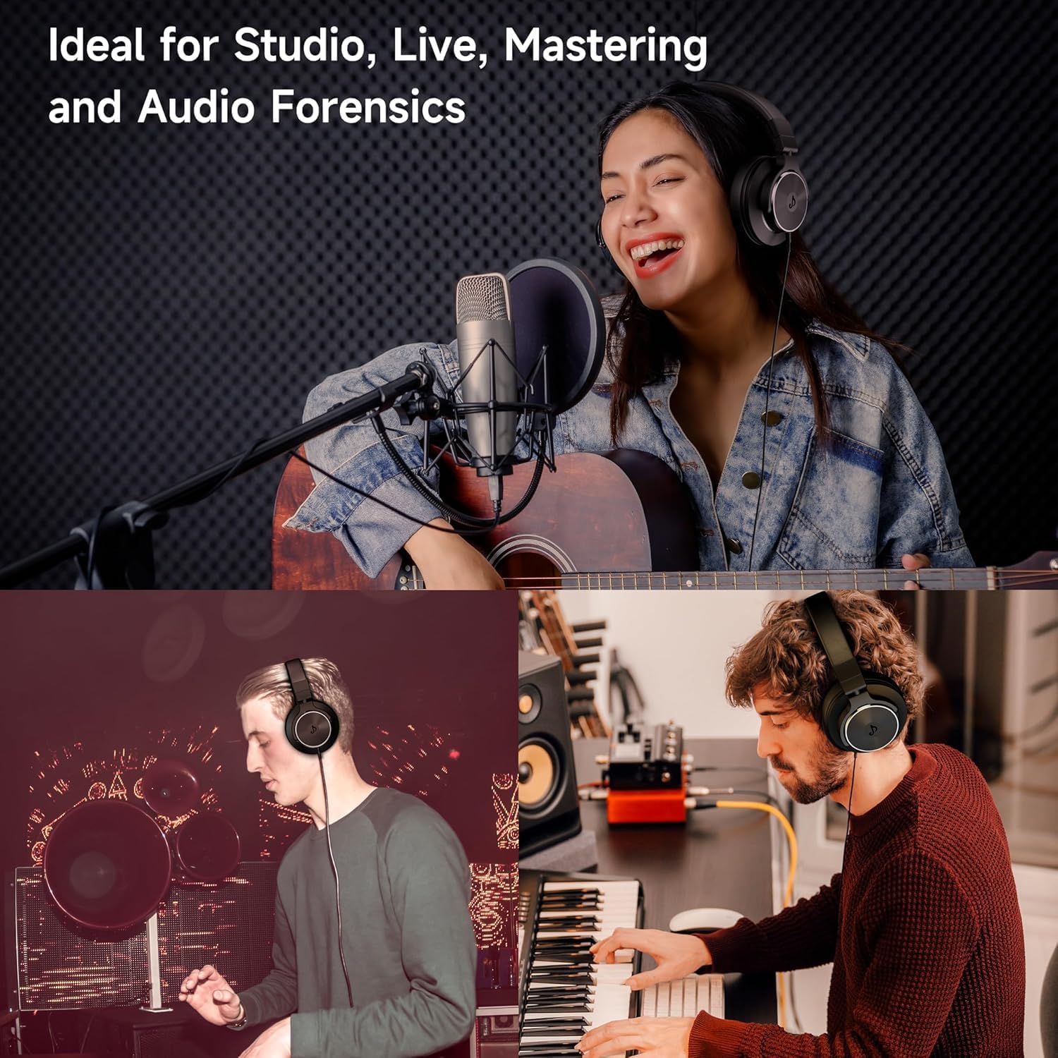 Wired Over Ear Headphones, Studio Monitor & Mixing DJ Headphones with 50mm Neodymium Drivers and 1/4 to 3.5mm Jack for Guitar Podcast AMP Piano Keyboard (Black-Red)