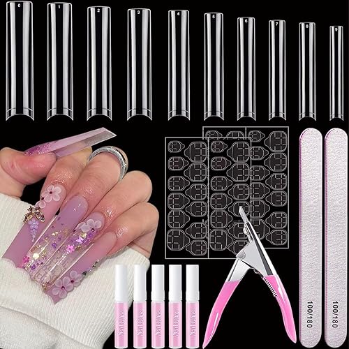 AITRAI - 500 puntas de uñas cuadradas, uñas largas para uñas acrílicas, kit profesional de uñas postizas acrílicas transparentes con pegamento,